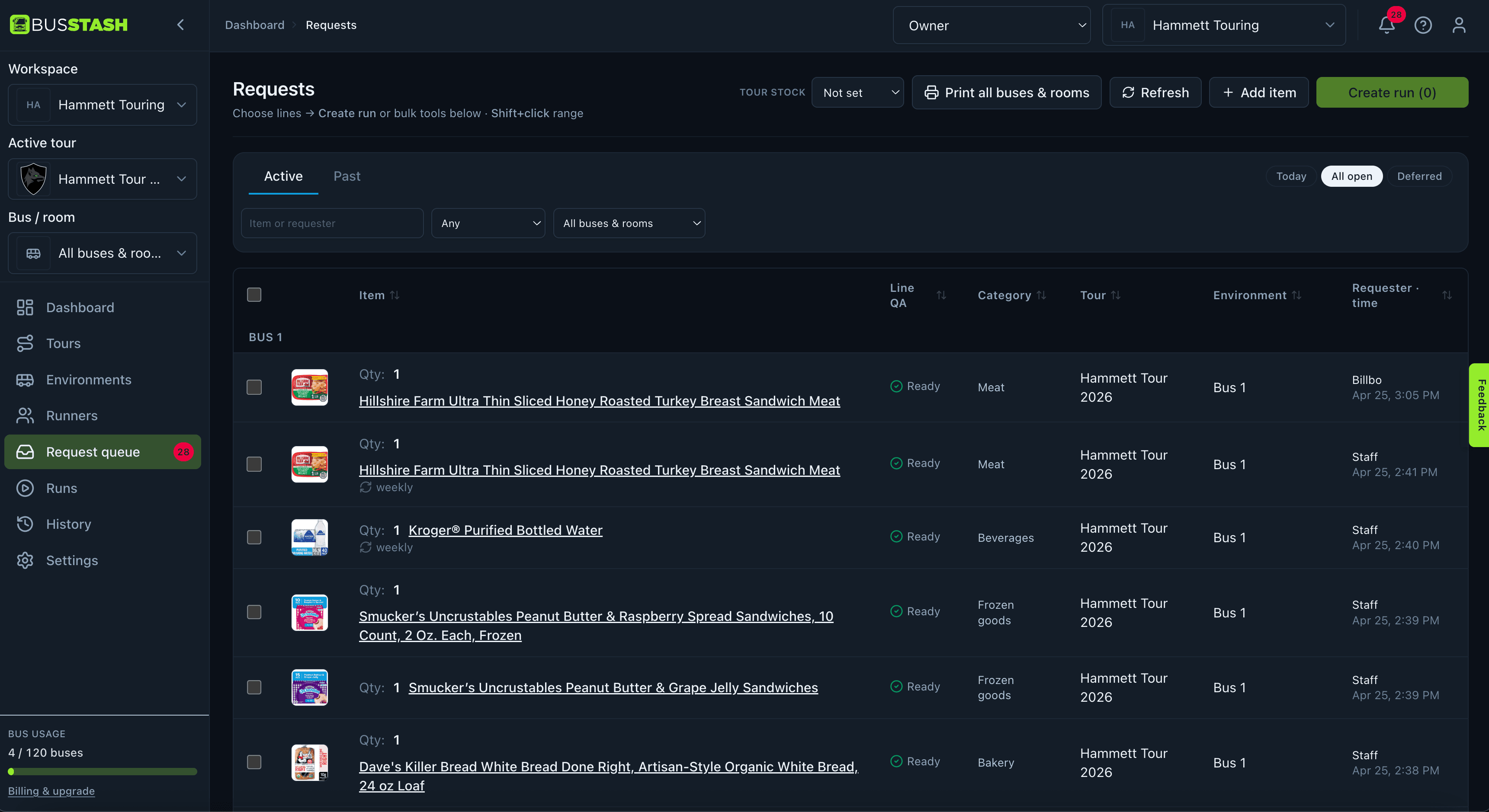 Submit a supply request for your bus or room in Bus Stash