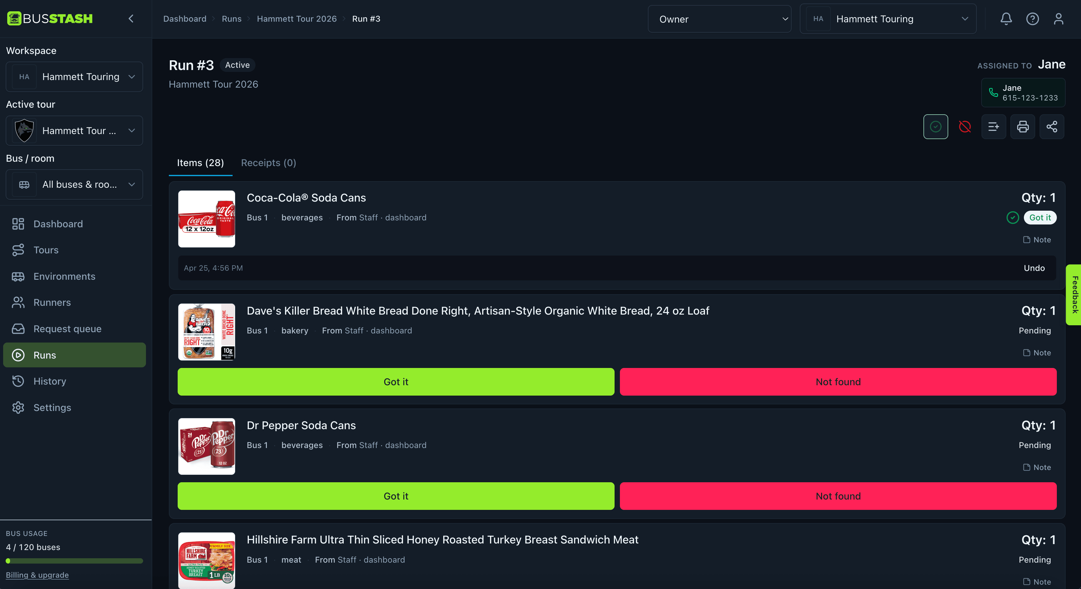 Shopping run checklist in Bus Stash