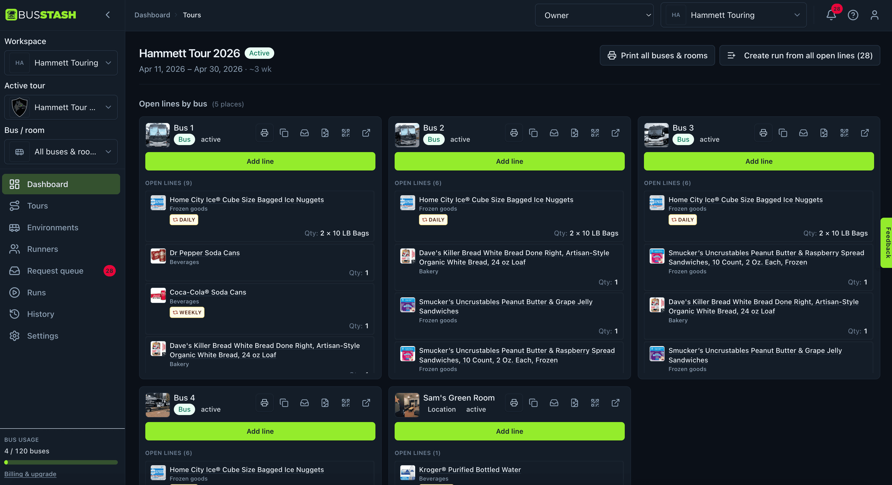 Bus Stash dashboard showing tours and open request lines