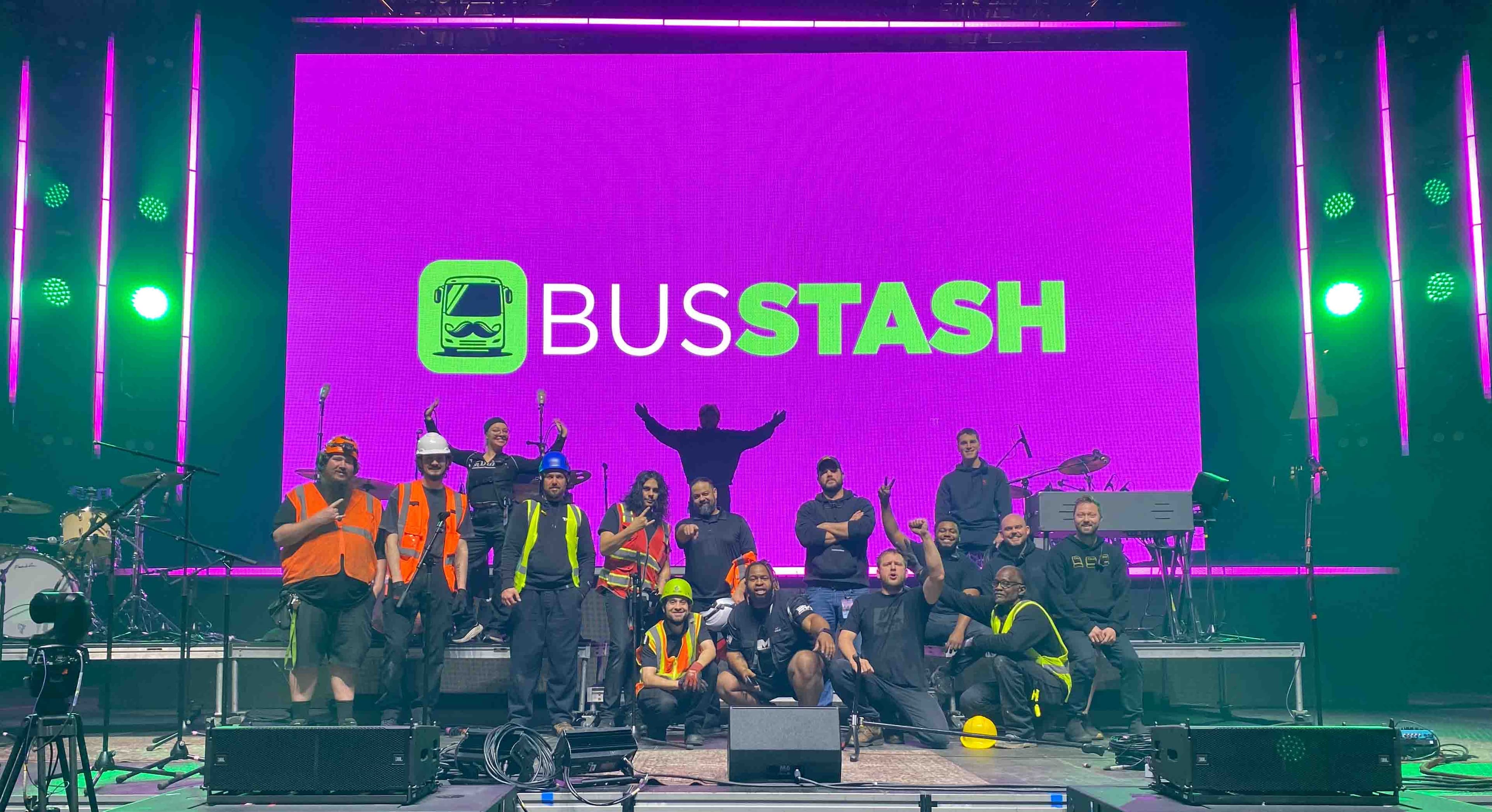 Tour crew restocking buses and locations with Bus Stash on the road